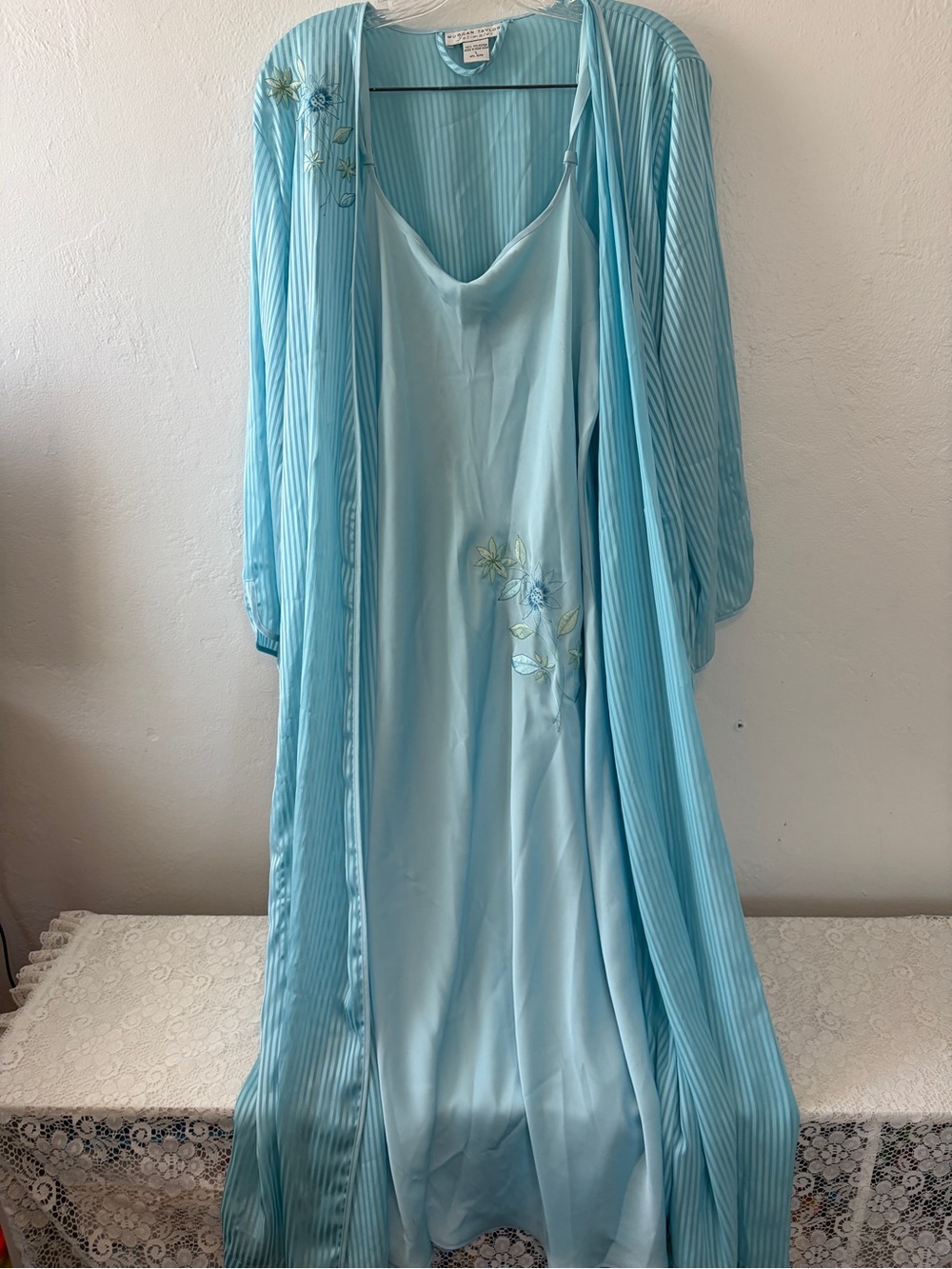 Morgan Taylor Light Blue Satin Chemise & Long Robe Set with Floral Embroidery